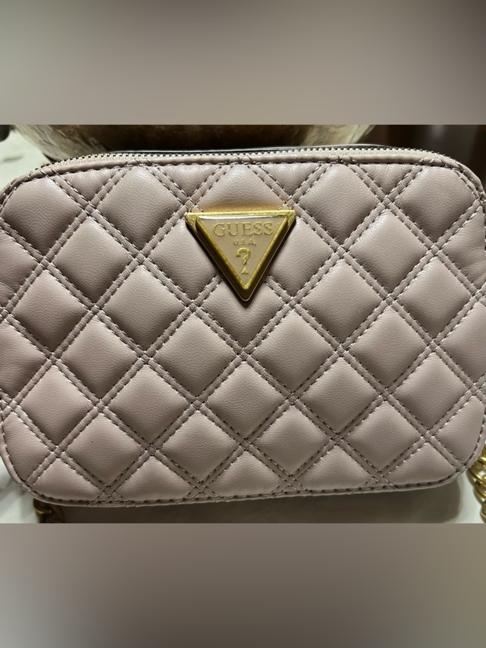 GUESS Quilted Taupe Crossbody Bag with Gold Triangle Logo